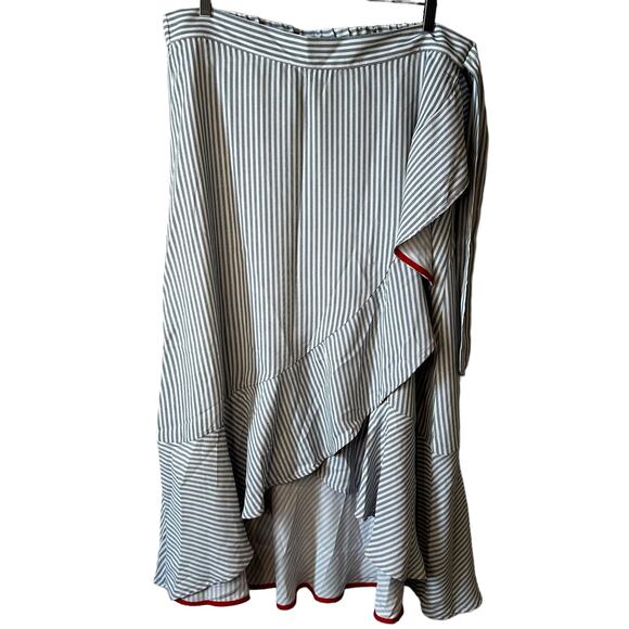 Vince Camuto New Striped Side Ruffle Pull On Midi Skirt Gray White XL Faux Wrap - Picture 2 of 5